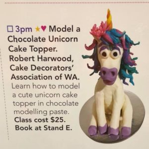 Unicorn Cake Topper Workshops at the Perth Craft and Quilt Fair | Learn how to work with modelling chocolate. Make and take home your own chocolate unicorn cake topper. I’m on at 3pm everyday this Wednesday to Sunday. Come to the Perth Craft and quilt fair and you can do this 1 hour workshop. $25 Book at the Cake Decorators’ Association of WA stand | https://robertscakesandcooking.com/unicorn-cake-topper-workshops-at-the-perth-craft-and-quilt-fair/